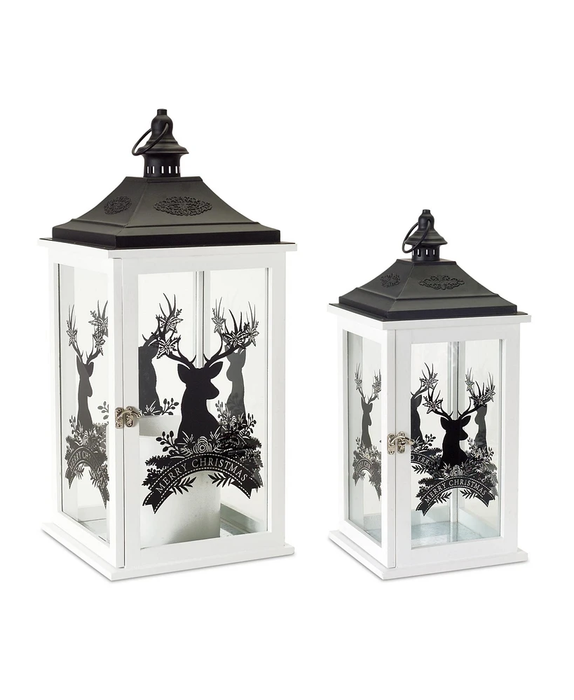 Slickblue Wood Merry Christmas Lantern with Deer Design (Set of 2)