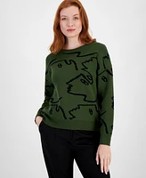 T Tahari Women's Face-Graphic Crewneck Long-Sleeve Sweater