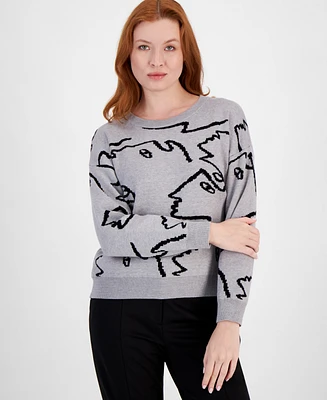T Tahari Women's Face-Graphic Crewneck Long-Sleeve Sweater