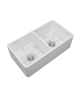 Mondawe Farmhouse 33 in. double bowl fireclay kitchen sink comes with stainless steel bottom grid and strainer