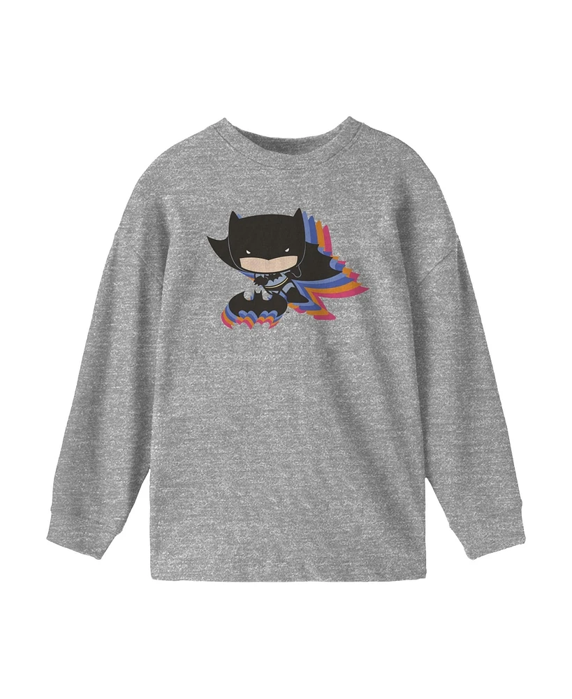 Justice League Boys Chibi Batman Colorful Shadow Heather Grey Long Sleeve Shirt