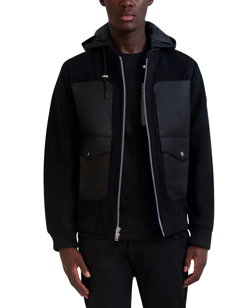 Karl Lagerfeld Men's Mixed-Media Hooded Bomber Jacket