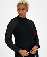 Bar Iii Women's Mock-Neck Sheer-Raglan-Sleeve Top, Created for Macy's