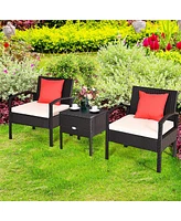 Gymax 3PCS Rattan Patio Conversation Set Outdoor Furniture Set w/ Storage Table