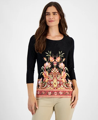 Jm Collection Women's Floral-Print 3/4-Sleeve Top, Created for Macy's