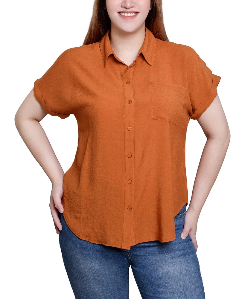 Ny Collection Short Sleeve Woven Front-Jersey Back Top