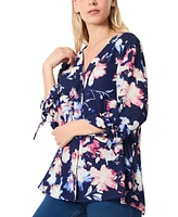 Jones New York Petite V-Neck Tab-Sleeve Printed Tunic