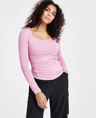 Bar Iii Women's Square-Neck Ruched Long-Sleeve Top, Created for Macy's