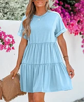 Cupshe Women's Blue Round Neck Short Sleeve Drop Shoulder Mini Beach Dress