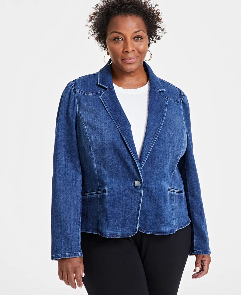 I.n.c. International Concepts Plus Puff-Sleeve Denim Blazer, Created for Macy's