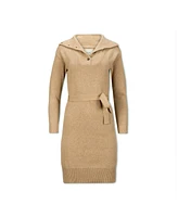 Hope & Henry Women's Long Sleeve Wide Collar Belted Sweater Dress