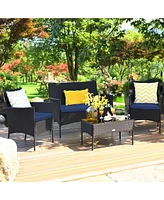 Sugift 4 Pieces Patio Rattan Cushioned Sofa Set with Tempered Glass Coffee Table-Navy
