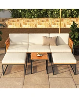 Costway 6 Pcs Acacia Wood Patio Furniture Set Outdoor Sectional Conversation Sofa Set