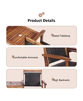 Gymax Patio Acacia Wood Conversation Companion Bench Loveseat Chair with Side Table