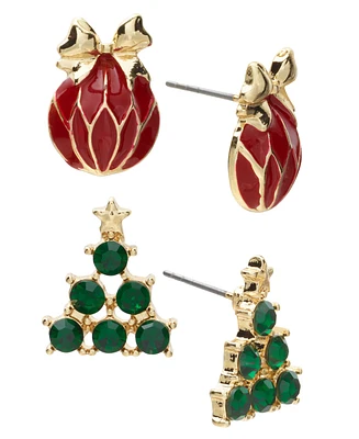 Holiday Lane Gold-Tone 2-Pc. Set Red Ornament & Green Pave Tree Stud Earrings, Created for Macy's