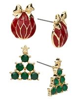 Holiday Lane Gold-Tone 2-Pc. Set Red Ornament & Green Pave Tree Stud Earrings, Created for Macy's