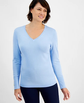 Jm Collection Women's Button-Cuff V-Neck Sweater, Created for Macy's