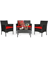 Sugift 4 Pieces Patio Rattan Cushioned Sofa Set with Tempered Glass Coffee Table-Red