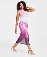 Bar Iii Women's Ombre Foil Mesh Mock Neck Midi Dress, Created for Macy's