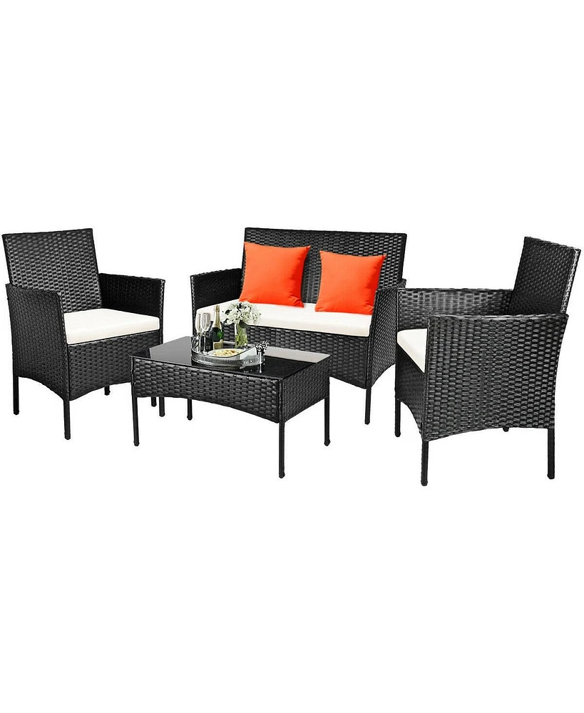 Sugift 4 Pieces Patio Rattan Cushioned Conversation Sets with Tempered Glass Coffee Table