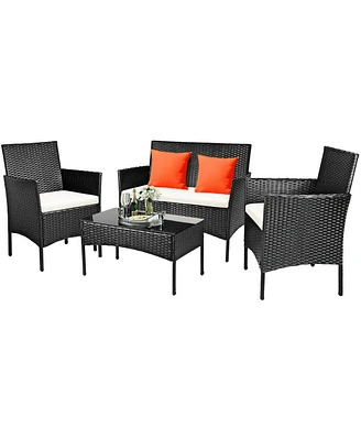 Sugift 4 Pieces Patio Rattan Cushioned Conversation Sets with Tempered Glass Coffee Table