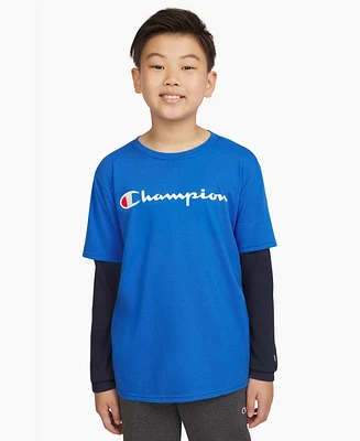 Champion Big Boys Layered-Look Thermal-Sleeve Logo T-Shirt