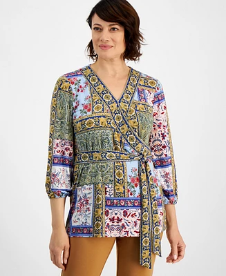 Jm Collection Petite Patchwork Faux Wrap Top, Created for Macy's