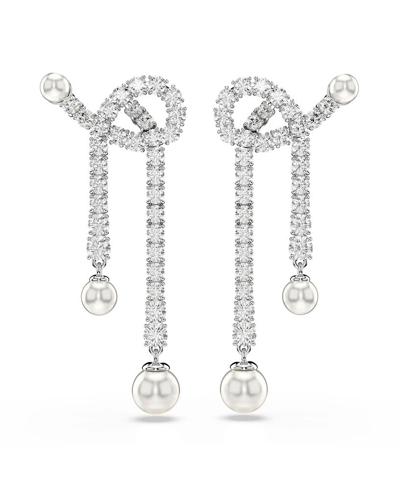 Swarovski Crystal Pearl, Round Cut, White, Rhodium Plated Matrix Drop Earrings