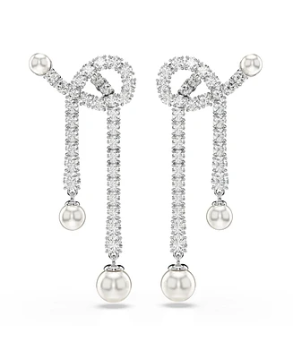 Swarovski Crystal Pearl, Round Cut, White, Rhodium Plated Matrix Drop Earrings