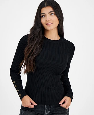 Hooked Up by Iot Juniors' Snap-Cuff Ribbed Crewneck Sweater