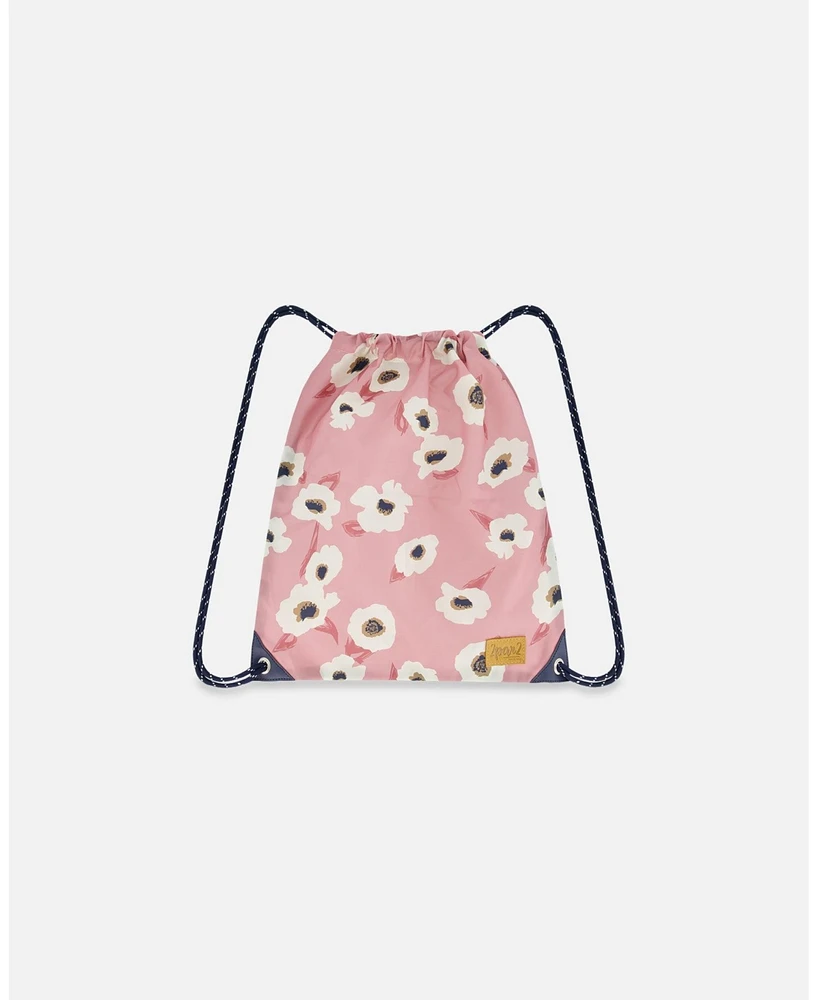 Deux par Deux Girl Drawstring Bag Pink Printed Off White Flowers - Toddler|Child