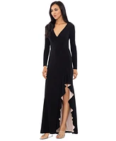 Xscape Women's Long-Sleeve Draped Contrast-Slit Dress