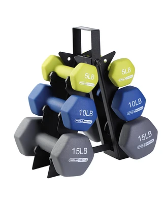 HolaHatha 5, 10, and 15 Pound Neoprene Dumbbell Free Hand Weight Set with Rack