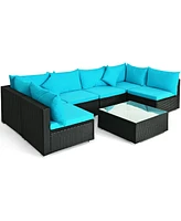 Sugift 7 Pieces Sectional Wicker Furniture Sofa Set with Tempered Glass Top-Blue