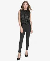 Halston Women's Sequin Twist-Front Collared Top