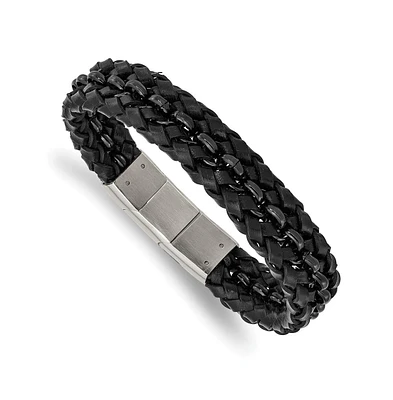 Chisel Stainless Steel Black Ip-plated Black Leather Bracelet