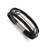 Chisel Stainless Steel Black Leather Black Grey Cotton Id Bracelet