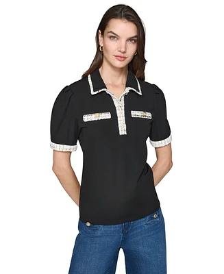 Karl Lagerfeld Paris Women's Tweed-Trim Polo Top