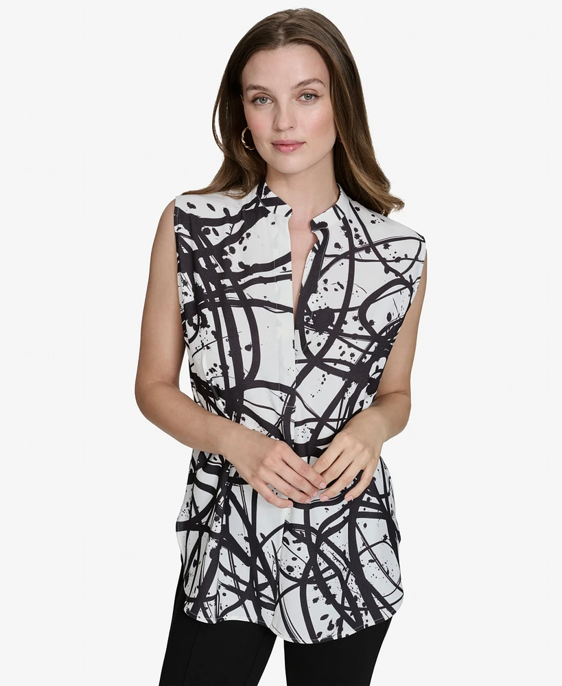 Halston Women's Printed Mandarin-Collar Long Top