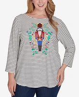 Ruby Rd. Plus Boat Neck Nutcracker Motif Printed Striped Knit Top