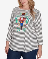 Ruby Rd. Plus Size Boat Neck Nutcracker Motif Printed Striped Knit Top