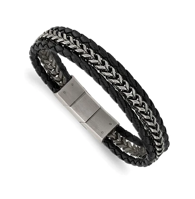 Chisel Stainless Steel Brushed Chain Leather Bracelet