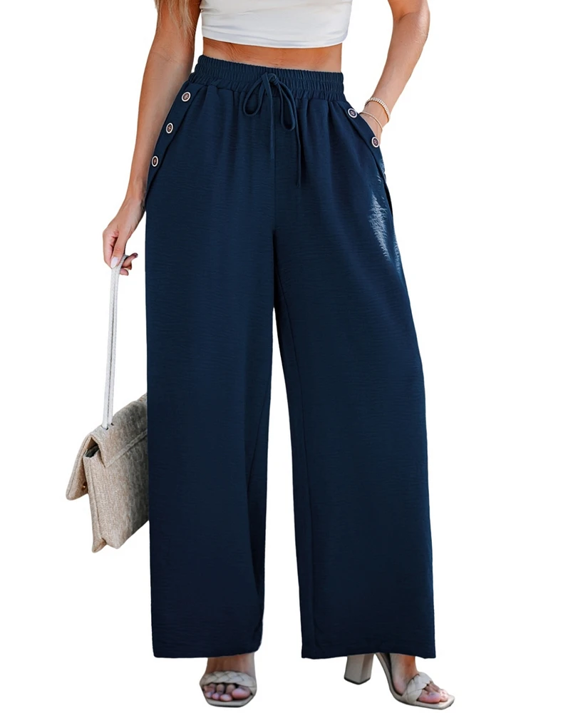 Cupshe Women's Navy Elastic Waist Wide Leg Button Pants