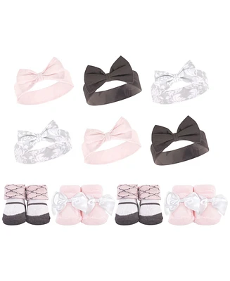 Hudson Baby Baby Girls 10Pc Headband and Socks Set, Damask, 0-9 Months