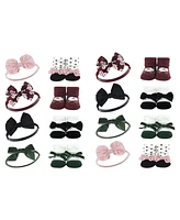 Hudson Baby Infant Girl 16Pc Headband and Socks Giftset, Burgundy Floral, One Size