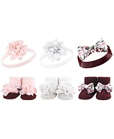 Hudson Baby Infant Girl 12Pc Headband and Socks Giftset, Rose Pink Burgundy, One Size