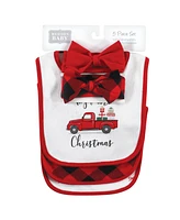 Hudson Baby Baby Girls Cotton Bib and Headband or Caps Set, Red Truck Bows, One