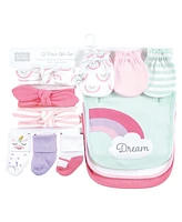 Hudson Baby Baby Girls Caps or Headbands, Bibs, Mittens and Socks 12pc Set, Unicorn, 0-6 Months