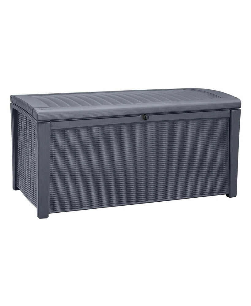 Keter Borneo 110 Gallon Rattan Wicker Resin Patio Deck Storage Box Bench, Grey