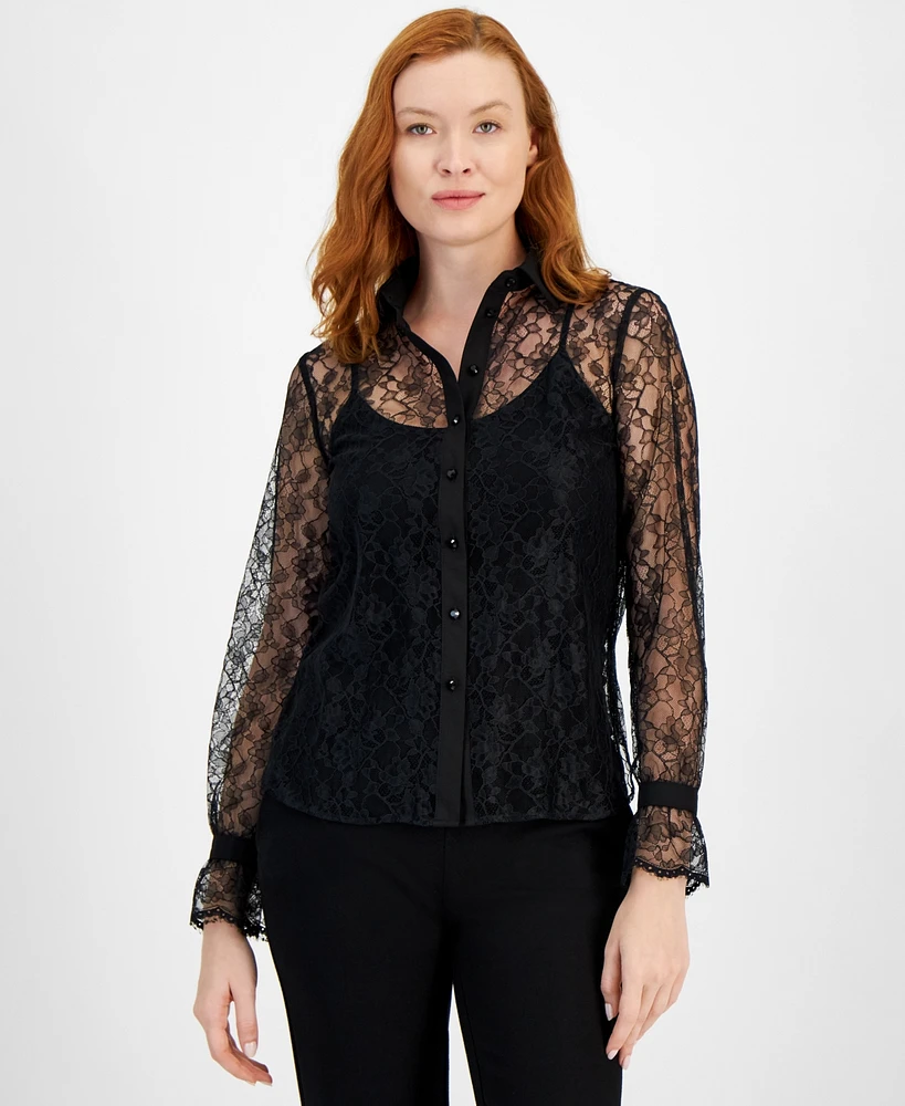 Anne Klein Women's Long-Sleeve Button-Front Lace Shirt